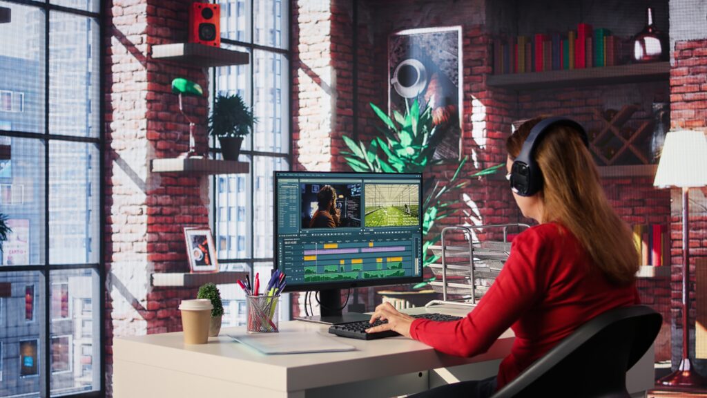 focused editor woman works on video montage in a creative software