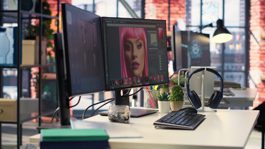 modern office workspace equipped for digital design and photo editing