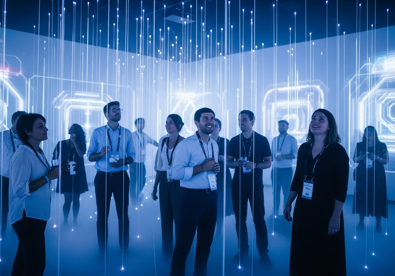 Participants plongés dans une animation immersive 360°, entourés de projections lumineuses holographiques.