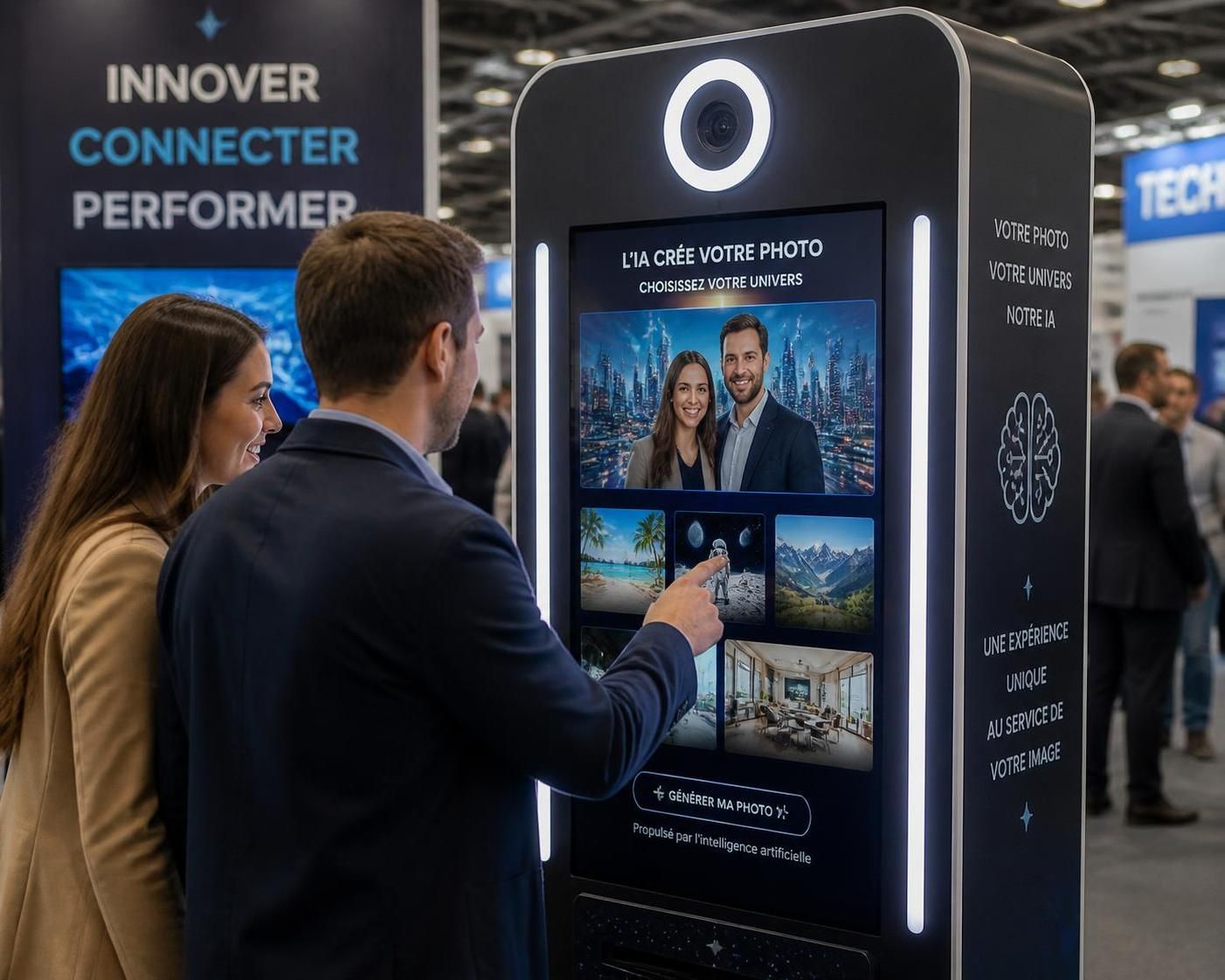 découvrez notre borne photobooth avec ia qui crée des avatars et décors personnalisés en temps réel pour des souvenirs uniques et interactifs lors de vos événements.