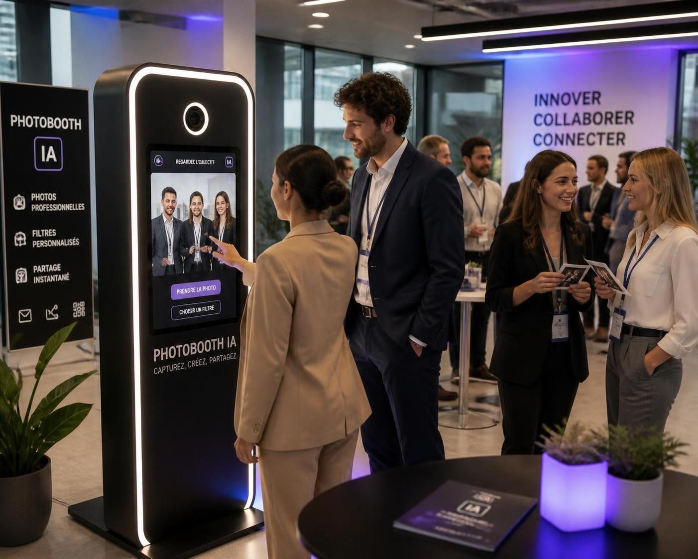découvrez notre borne photobooth avec ia qui crée des avatars et décors personnalisés en temps réel pour des souvenirs uniques et interactifs lors de vos événements.