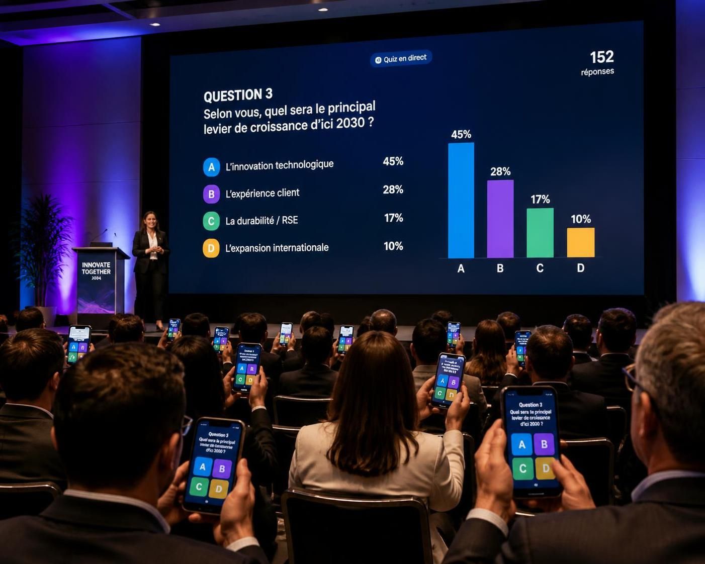 découvrez comment les jeux de quiz et sondages interactifs sur smartphone peuvent dynamiser vos plénières en engageant activement tous les participants.
