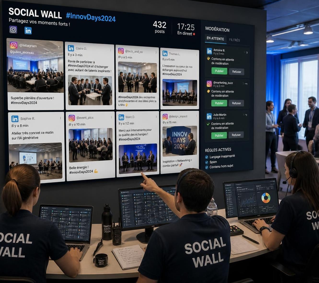 découvrez comment notre social wall événementiel vous permet de modérer et diffuser en direct les posts instagram et linkedin de votre audience pour dynamiser vos événements.