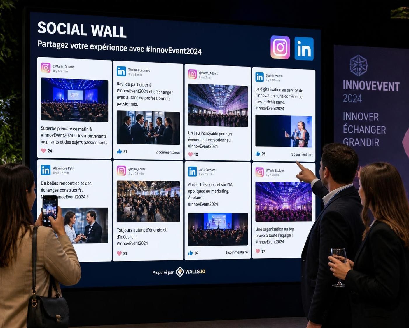 découvrez notre social wall événementiel pour modérer et diffuser en temps réel les posts instagram et linkedin de votre audience, et dynamisez votre événement avec du contenu authentique.