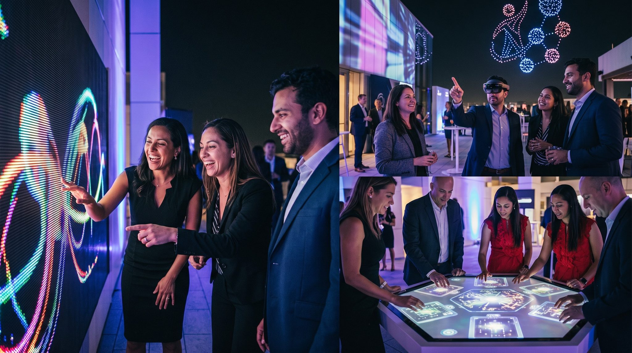 Les invités d'une réception qui s'amusent avec des installations digitales interactives pour le storytelling événementiel.